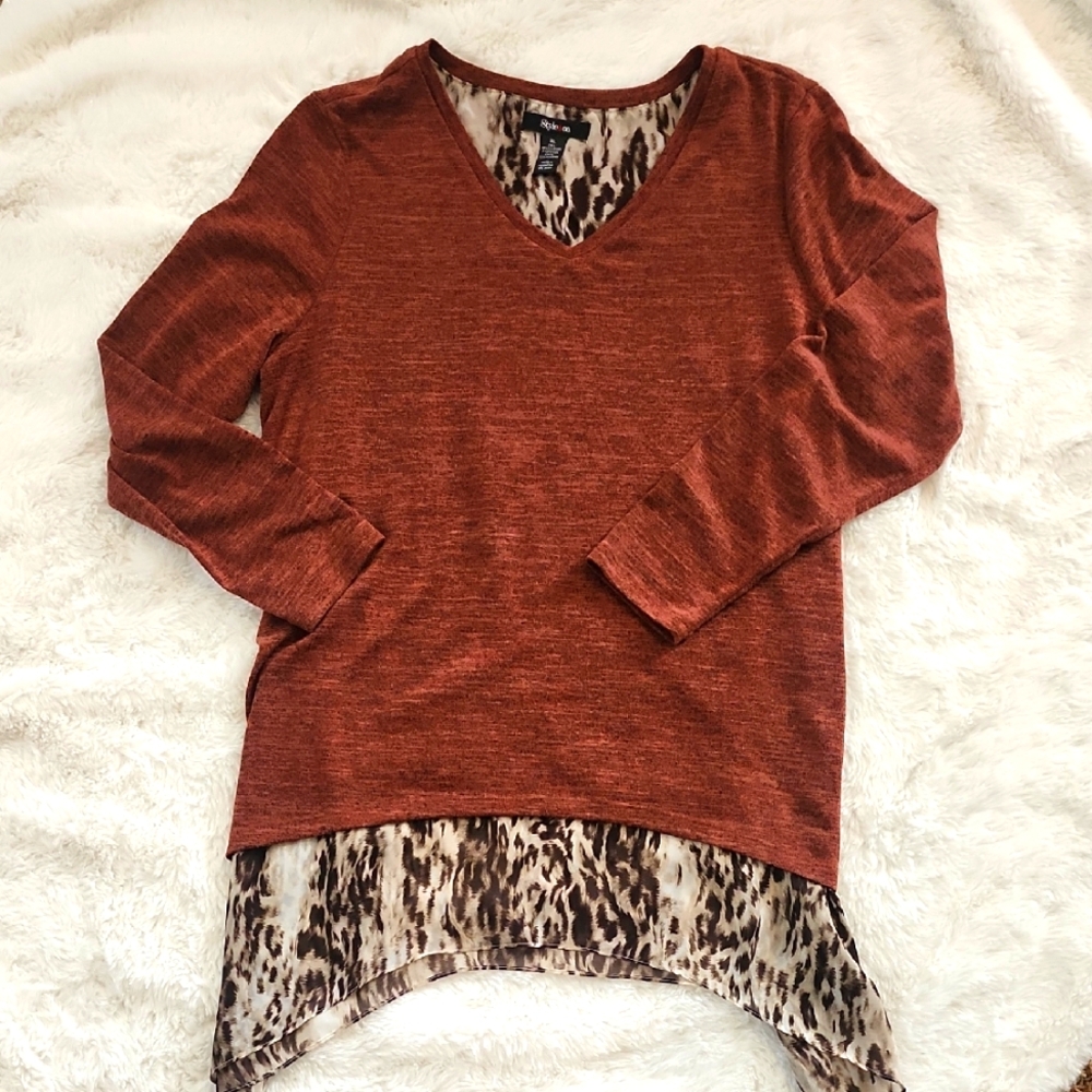 New Women's Rust V-Neck Top with Leopard Print Hem Sheer.